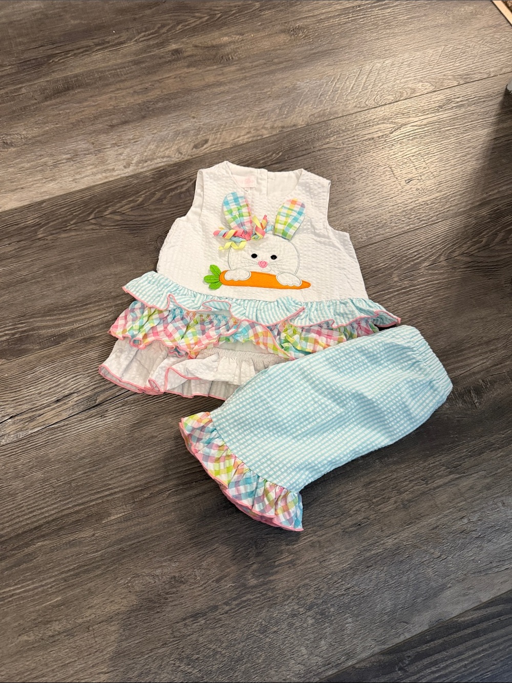 Bonnie Baby Girls White Bunny Ruffle Top & Blue Gingham Bloomers
